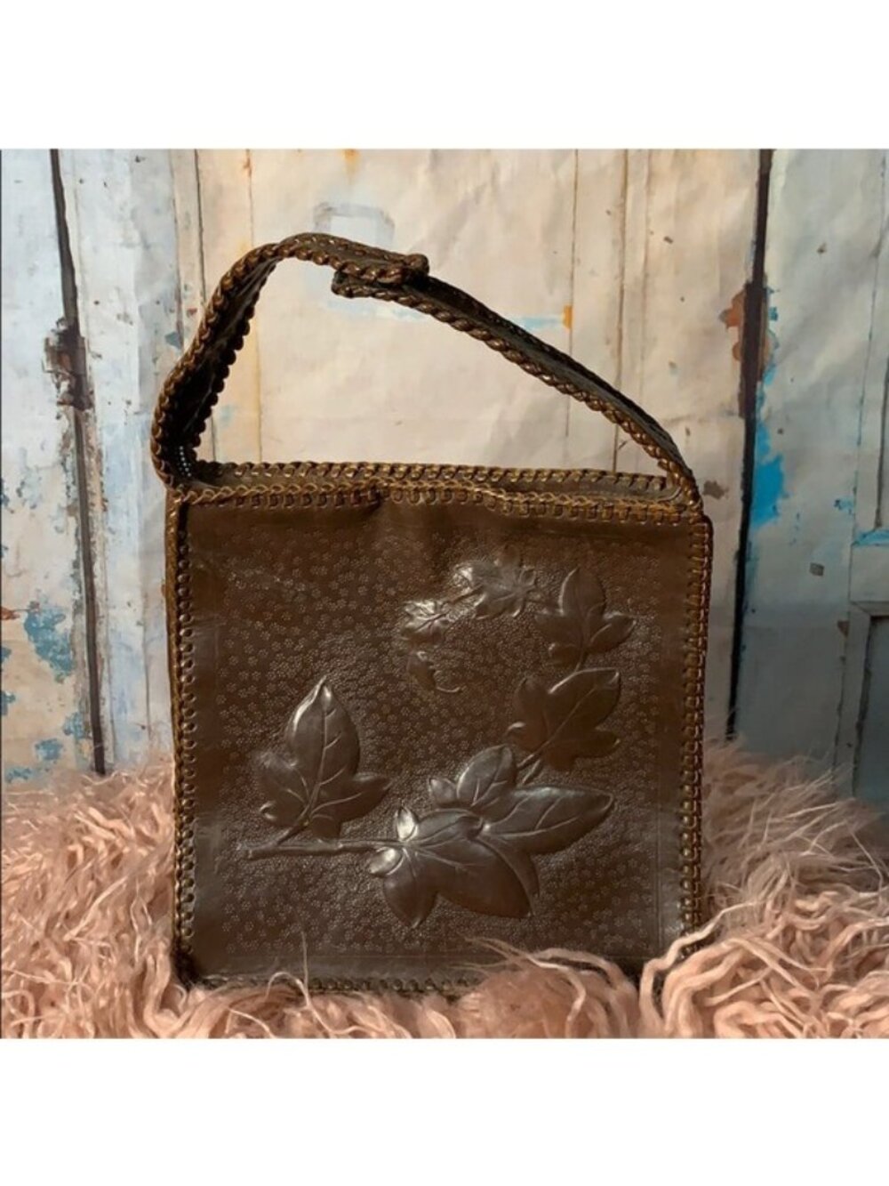 Vintage Handcrafted Tooled Leather Shoulder Bag Maple Leaf Design Braided Detail